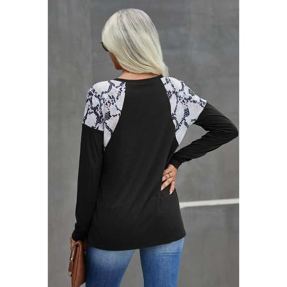 New Round Neck Long Sleeve Color Block Top w/Leopard Accents - Picture 5 of 5